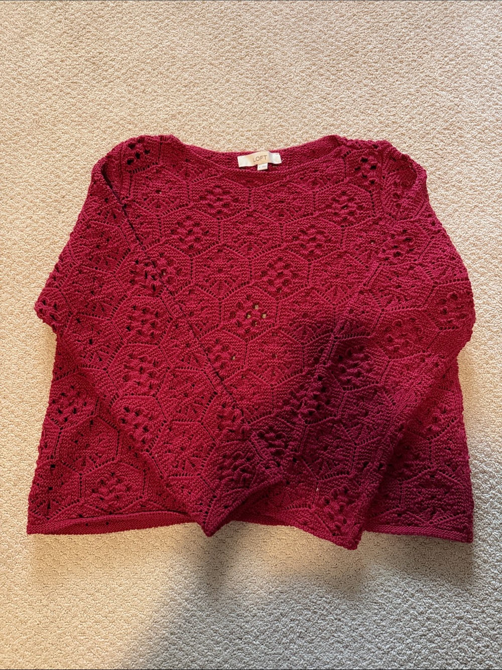 LOFT Crochet Openwork Scoop Neck Sweater - Raspberry